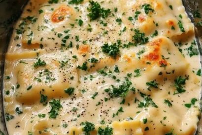 Thumbnail for Slow Cooker Pesto Chicken Alfredo Ravioli Lasagna
